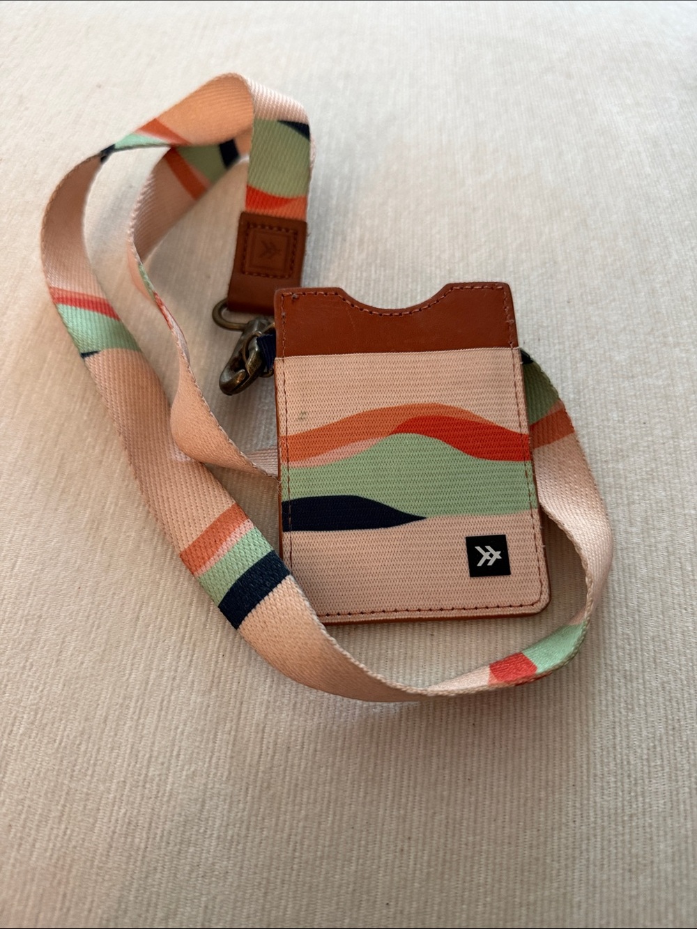 Peach Multi-Stripe Card Holder Lanyard with Leather Trim